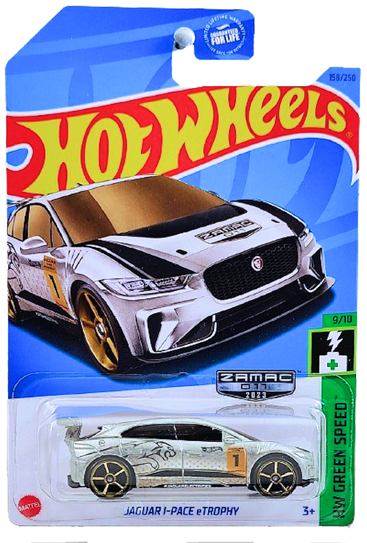 Hot Wheels 2023 - Collector # 158/250 - HW Green Speed 9/10 - ZAMAC # 011 - Jaguar I-Pace eTrophy - ZAMAC - Gold OH5SP Wheels - Walmart Exclusive - USA Card