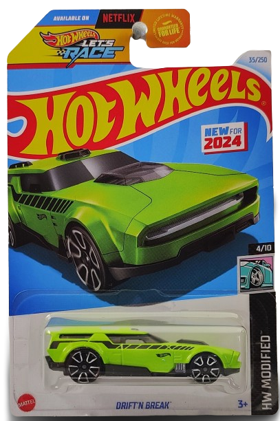 Hot Wheels 2024 - Collector # 035/250 - HW Modified 4/10 - New Models -  Drift'n Break - Lime Green - Trap5 Wheels - USA 'Let's Race' Card