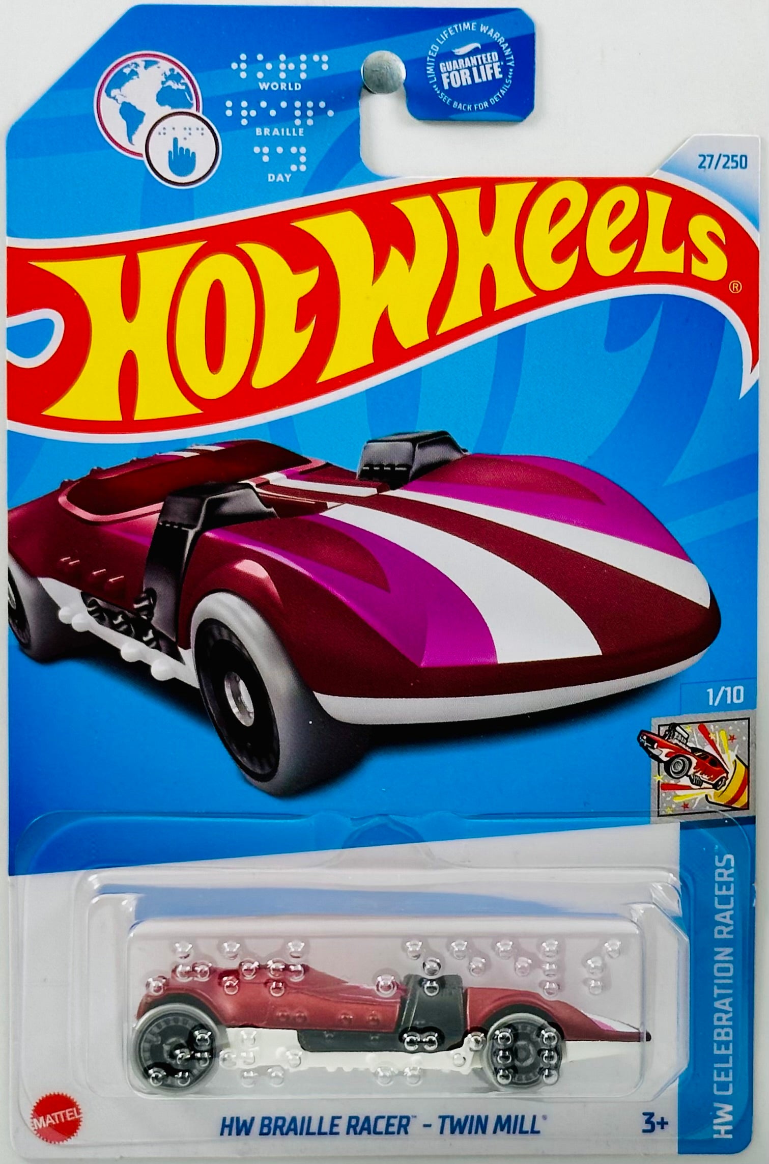Hot Wheels 2024 - Collector # 027/250 - HW Celebration Racers 01/10 - HW  Braille Racer - Twin Mill - Matte Dark Red - World Braille Day - USA