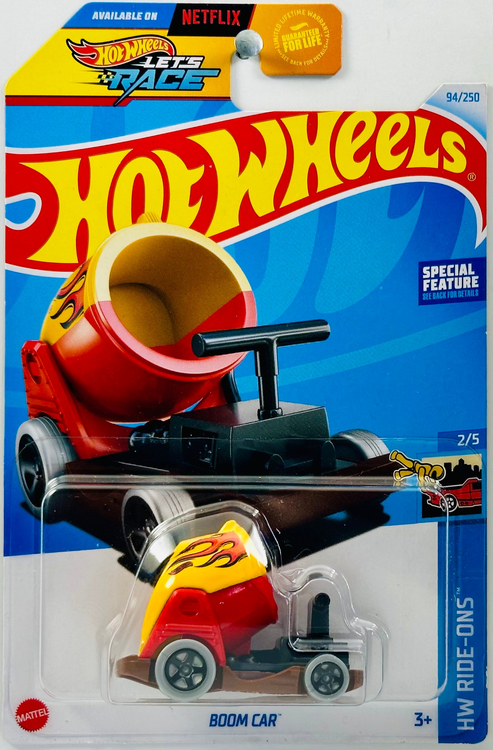 Hot Wheels 2024 - Collector # 094/250 - HW Ride Ons 02/05 - Boom Car -  Yellow & Red - USA 'Let's Race' Card