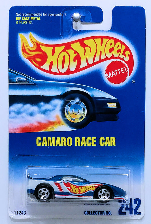 Hot Wheels 1995 - Collector # 242 - Camaro Race Car - Metallic Blue - 5 Spokes - Short Exhaust - NO Name on Roof - NO Country on Base