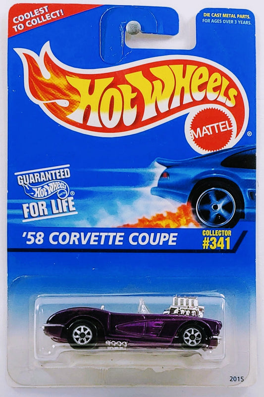 Hot Wheels 1995 - Collector # 341 - Model Series 3/12 - '58 Corvette Coupe - Purple Metalflake - 7 Spokes - Chrome Engine & Interior - USA