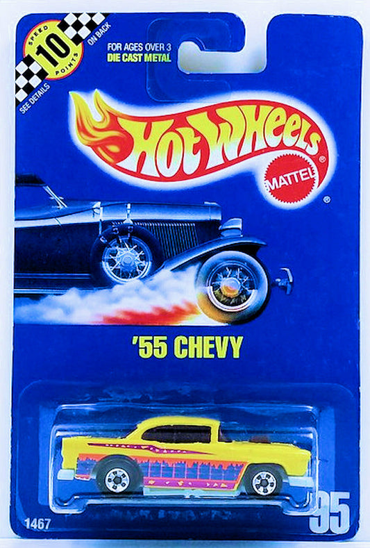 Hot Wheels 1990 - Collector # 95 - '55 Chevy - Yellow - Basic Wheels - USA Blue Card with Speed Points