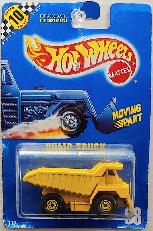 Hot Wheels 1990 - Collector # 038 - Dump Truck - Yellow - CT Wheels - Metal Bucket - USA Blue Card with Speed Points