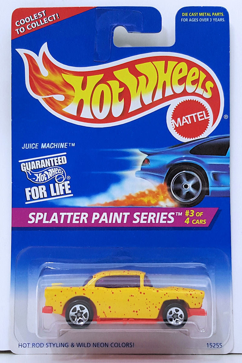 Hot Wheels 1996 - Collector # 410 - Splatter Paint Series 3/4 - Juice  Machine ('55 Chevy) - Yellow - 5 Spokes - Name Change