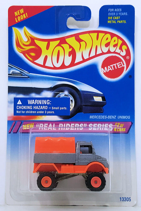 Hot Wheels 1995 - Collector # 318 - Real Riders Series 2/4 - Mercedes-Benz Unimog - Metallic Gray & Day-Glo Orange - Real Riders - USA Blue & White Card