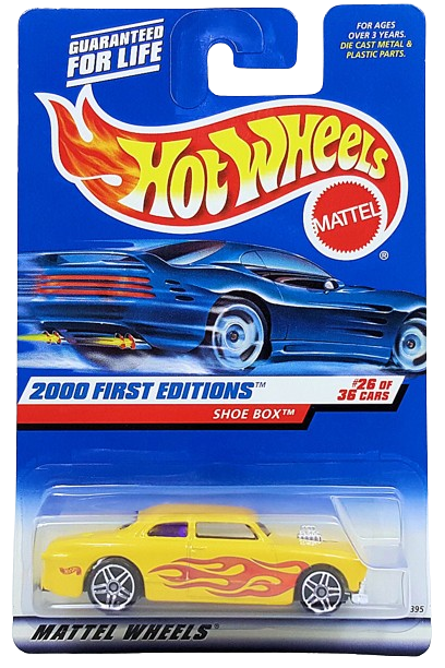 Hot Wheels 2000 - Collector # 086/250 - First Editions 26/36 - Shoe Box - Yellow with Flames - PR5 Wheels - USA 'Square' Card
