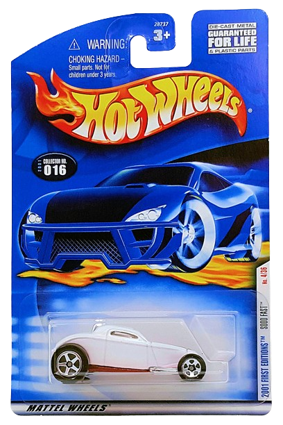 Hot Wheels 2001 - Collector # 016/240 - First Editions 4/36 - Sooo Fast - White - Mid Engine - Engine Cover Opens - USA Card