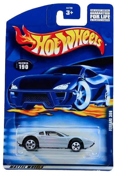 Hot Wheels 2001 - Collector # 190/240 - Ferrari 308 (Racebait 308) - Silver - 5 Spokes - USA Card