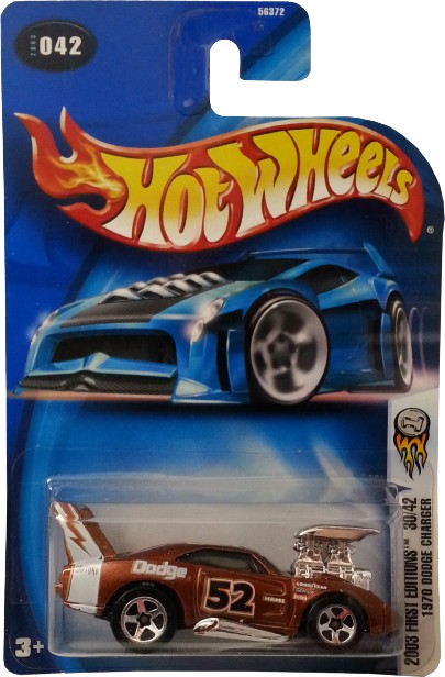 Hot Wheels 2003 - Collector # 042/220 - First Editions 30/42 - 1970 Dodge Charger (Tooned) - Metallic Brown / # 52 - 5 Spokes - USA '04 Card