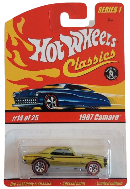 Hot Wheels 2005 - Classics Series 1 # 14/25 - 1967 Camaro - Spectraflame Antifreeze / Black Stripes - 7 Spokes with Red Lines - Opening Hood - Metal/Metal