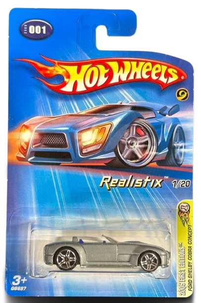 Hot Wheels 2005 - Collector # 001/183 - First Editions / Realistix 1/20 - Ford Shelby Cobra Concept - Gray / Short Racing Stripes - PR5 Wheels - USA Card
