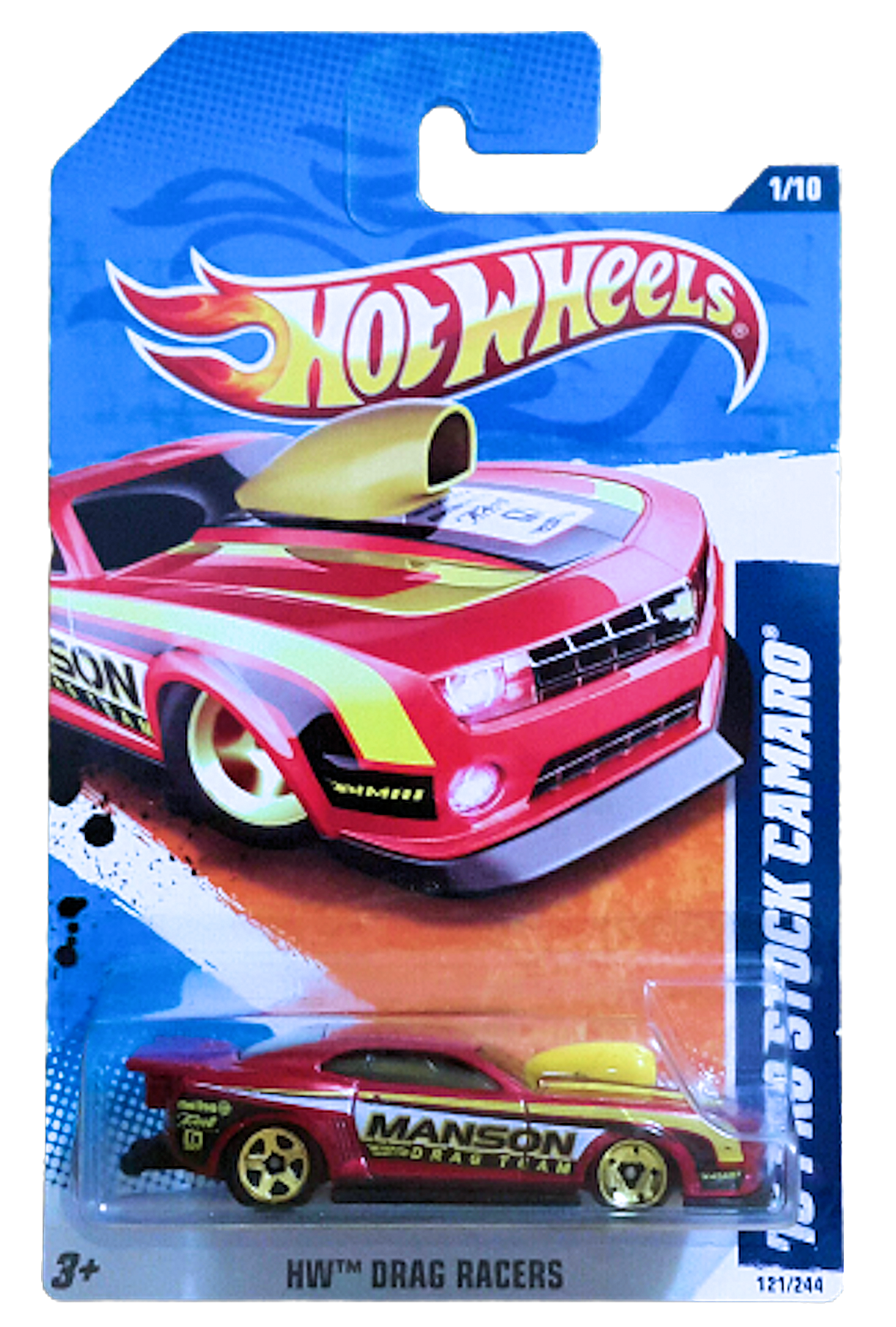 Hot Wheels 2011 - Collector # 121/244 - HW Drag Racers 1/10 - '10 Pro Stock Camaro - Red - USA Card