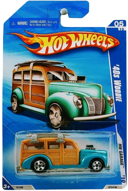 Hot Wheels 2010 - Collector # 073/240 - HW Garage 5/10 - '40s Woodie - Metallic Turquoise - Surfboards on Roof - USA Card