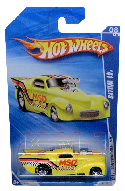 Hot Wheels 2010 - Collector # 106/240 - HW Performance 8/10 - '41 Willys - Yellow / MSD Ignition - Good Year Tires which is a Walmart Exclusive - USA Card