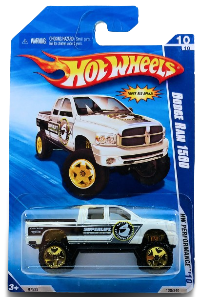 Hot Wheels 2010 - Collector # 108/240 - HW Performance 10/10 - Dodge Ram 1500 - White / Superlift - Gold OR5 Wheels - USA Card
