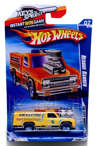 Hot Wheels 2010 - Collector # 115/240 - HW City Works 7/10 - Rescue Ranger - Metalflake Dark Yellow / 'HW Electric' - USA 'Instant Win' Card