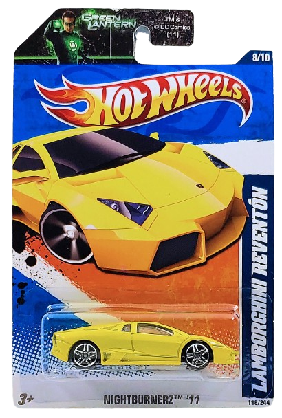Hot Wheels 2011 - Collector 119/244 - Nightburnerz 8/10 - Lamborghini Reventon - Yellow - USA 'Green Lantern' Card