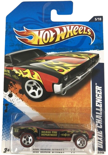 Hot Wheels 2011 - Collector # 165/244 - HW Main Street 5/10 - Dixie Challenger - Black / Delran Fire Department - Redlines / Walmart Exclusive - USA Card
