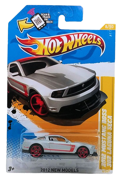 Hot Wheels 2012 - Collector # 008/247 - New Models 08/50 - 2012 Mustang Boss 302 Laguna Seca - Silver / Red Stripes & Roof - USA Card