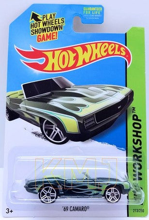 Hot Wheels 2014 - Collector # 213/250 - HW Workshop / Heat Fleet - '69 Camaro - Dark Green with Flames - USA