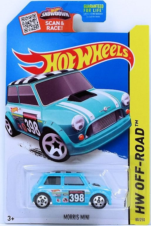 Hot Wheels 2015 - Collector # 080/250 - HW Off-Road / Road Rally - Morris Mini - Baby Blue / #398 / Checkerboard Roof / Various Racing Decals - USA Card