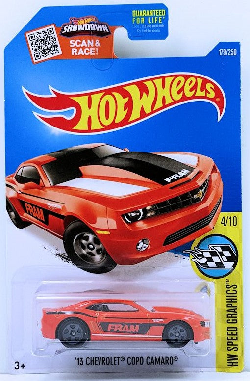 Hot Wheels 2016 - Collector # 179/250 - HW Speed Graphics 4/10 - '13 Chevrolet COPO Camaro - Orange / Fram - USA Card