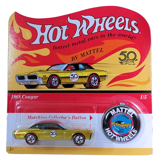 Hot Wheels 2018 - 50th Anniversary Originals Collection # 1/5 - 1968 Cougar - Spectraflame, Gold - RetroRL Wheels - Gold Interior - ZAMAC Metal Base - Retro Blister Card & Button