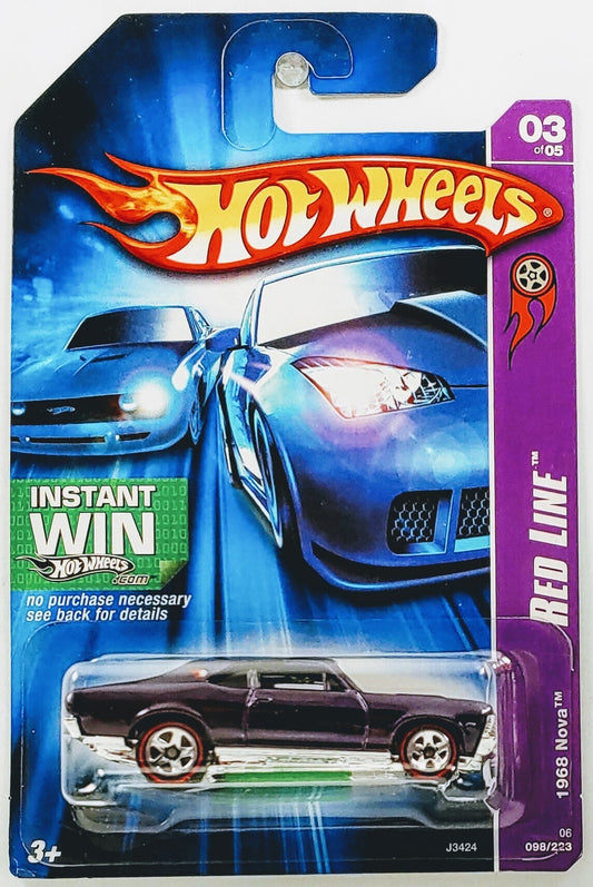 Hot Wheels 2006 - Collector # 098/223 - Red Line 3/5 - 1968 Nova - Purple - 5 Spokes with Red Lines - USA '07 Card with Instant Win Promo - MPN J3424