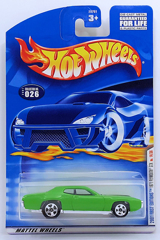 Hot Wheels 2001 - Collector # 026/240 - First Editions 14/36 - 1971 Plymouth GTX - Green - USA Card