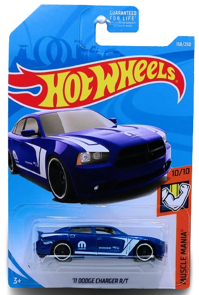 Hot Wheels 2019 - Collector # 158/250 - Muscle Mania 10/10 - '11 Dodge Charger R/T - Blue with White Stripes - USA Card
