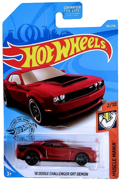 Hot Wheels 2019 - Collector # 194/250 - Muscle Mania 2/10 - '18 Dodge Challenger SRT Demon - Candy Red - M5 Wheels - USA Card
