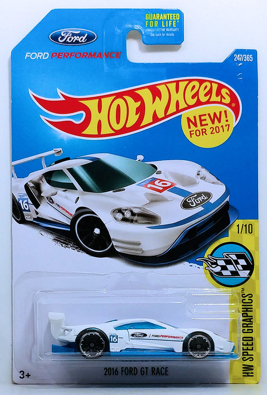 Hot Wheels 2017 - Collector # 247/365 - HW Speed Graphics 1/10 - New Models - 2016 Ford GT Race - White / #16 - USA Card
