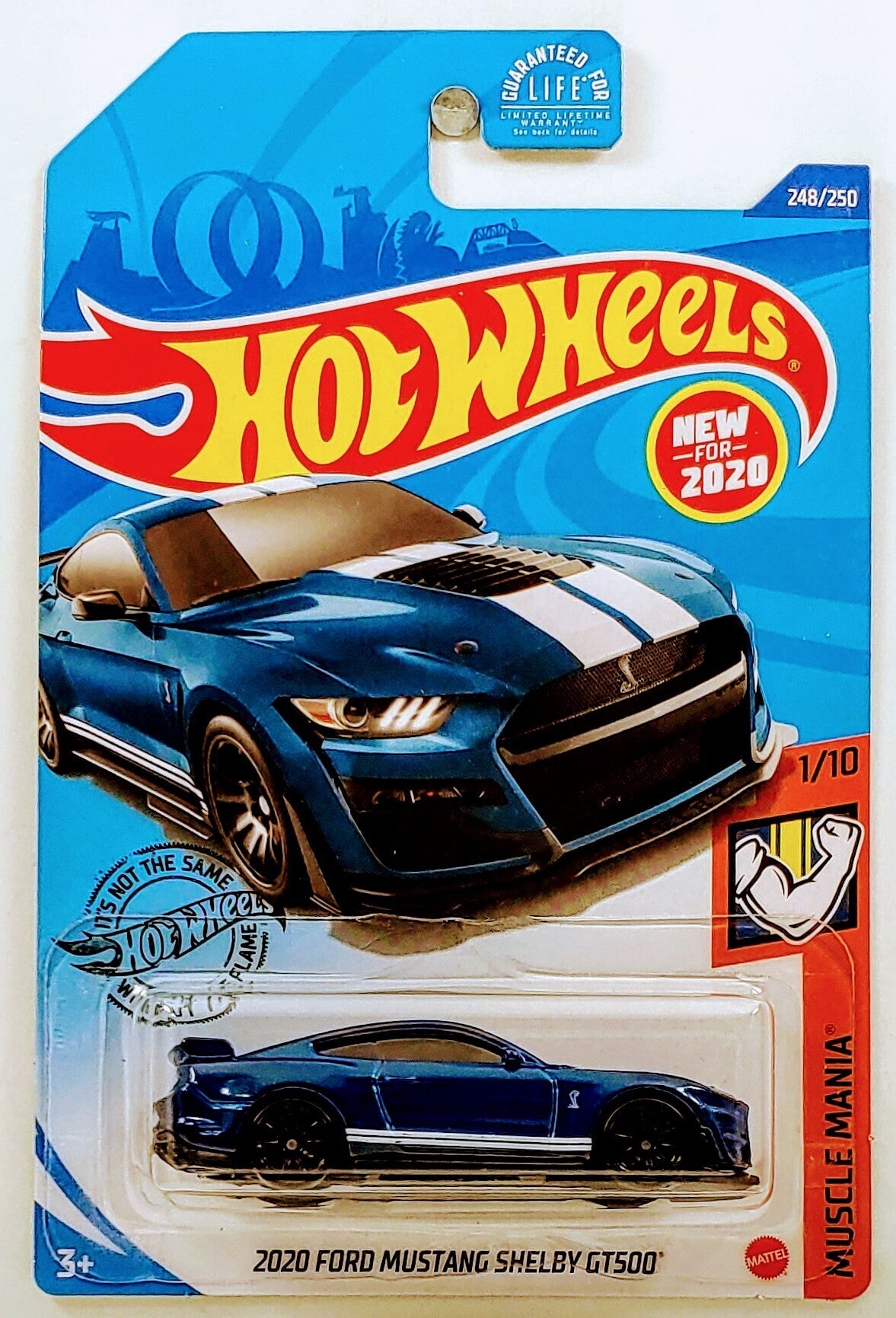 Hot Wheels 2020 - Collector # 248/250 - Muscle Mania 1/10 - New Models - 2020 Ford Mustang Shelby GT500 - Blue / White Stripes - USA Card
