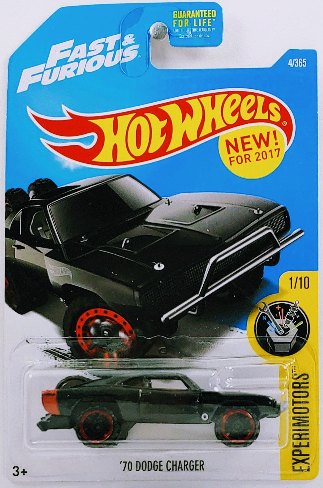 Hot Wheels 2017 - Collector # 004/365 - Experimotors 1/10 - New Models - '70 Dodge Charger (Fast & Furious) - Black - USA Card - ERROR: Chassis Mis-Aligned