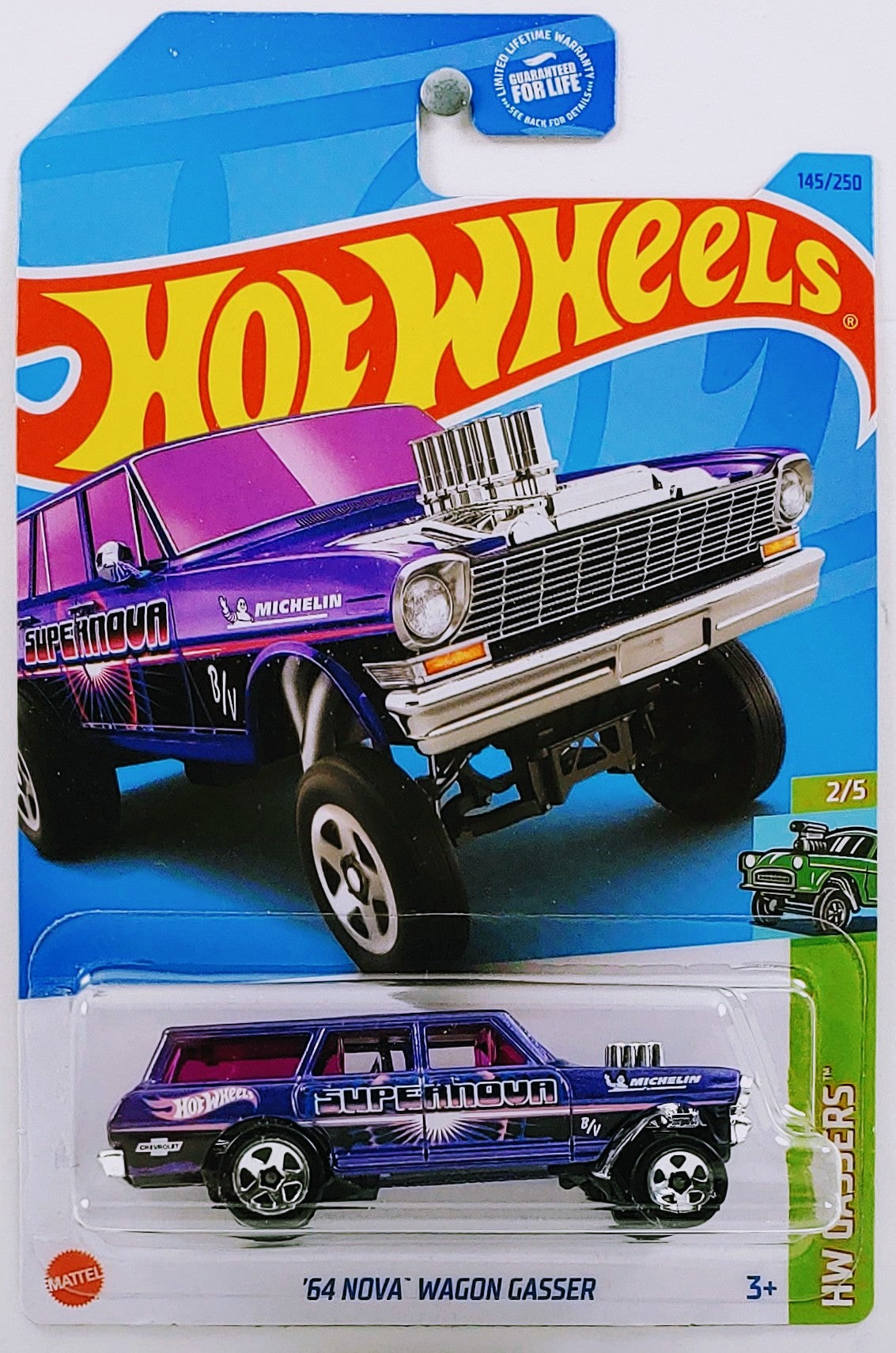 Hot Wheels 2023 - Collector # 145/250 - HW Gassers 2/5 - '64 Nova Wagon Gasser - Metalflake Purple / 'Supernova' - USA
