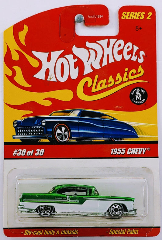 Hot Wheels 2006 - Classics Series 2 # 30/30 - 1955 Chevy - Spectraflame Green - 7 Spokes with White Walls - Metal/Metal