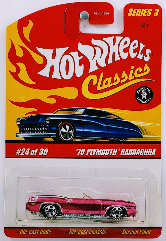 Hot Wheels 2007 - Classics Series 3 # 24/30 - '70 Plymouth Barracuda (Convertible) - Spectraflame Pink - White Interior - 5 Spokes with Goodyear - Metal/Metal