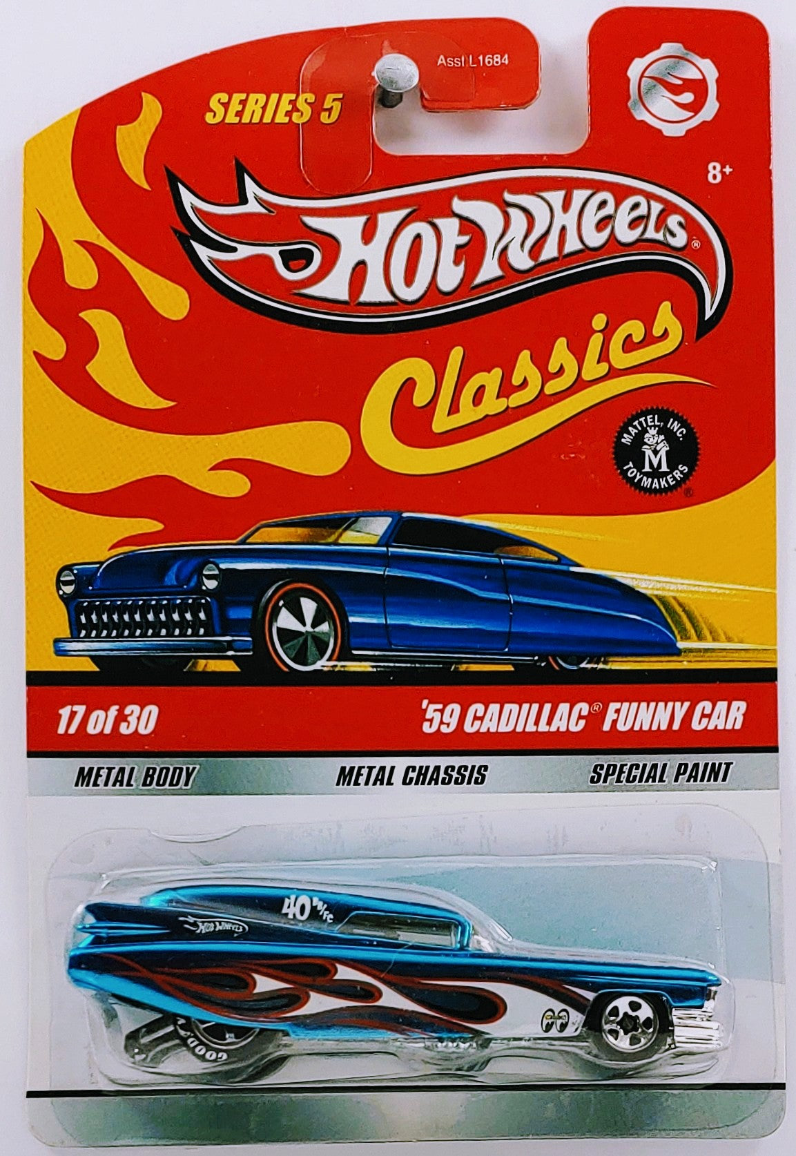 Hot Wheels 2009 - Classics Series 5 # 17/30 - '59 Cadillac Funny Car - Spectraflame Blue - Good Year 5 Spoke - Metal/Metal