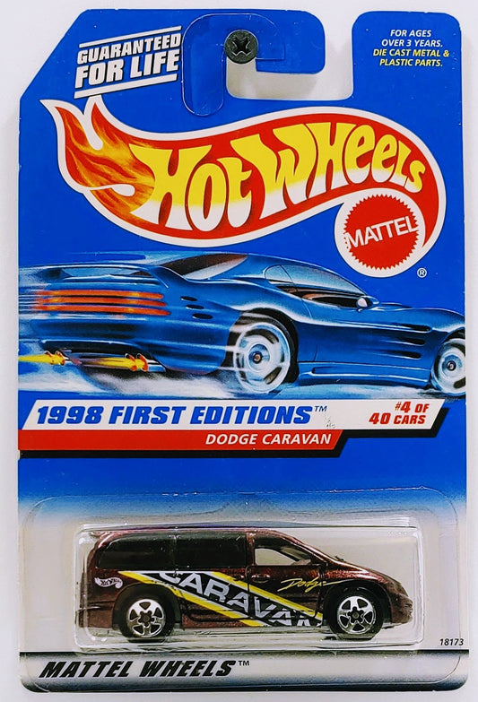 Hot Wheels 1998 - Collector # 633 - First Editions 4/45 - Dodge Caravan - Metallic Burgundy / "Caravan" - 5 Spokes - USA Blue Car Card