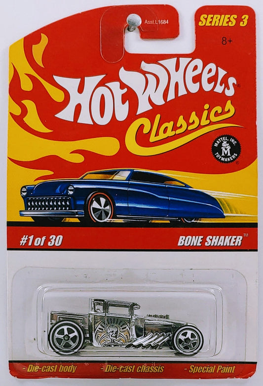 Hot Wheels 2007 - Classics Series 3 # 01/30 - Bone Shaker - Chrome - 5 Spokes & White Walls - Metal/Metal - Open Roof