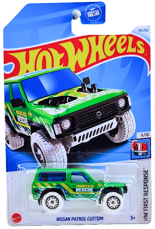 Hot Wheels 2024 - Collector # 034/250 - HW First Response 05/10 - Nissan Patrol Custom - Green - 'Moutain Rescue' - Black BLOR Wheels on White Tires - USA Card