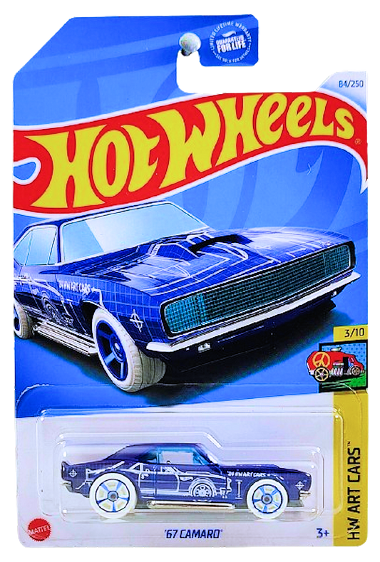 Hot Wheels 2024 - Collector # 084/250 - HW Art Cars 3/10 - '67 Camaro - Blue / 'R' - White Tires on Blue M5 Wheels - USA Card