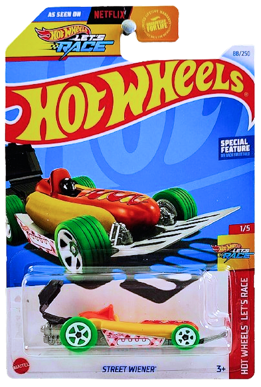 Hot Wheels 2024 - Collector # 088/250 - Hot Wheels Let's Race 1/5 - Street Wiener - Brown / Hot Dog, Bun, Mustard, Ketsup - USA 'Let's Race' Card