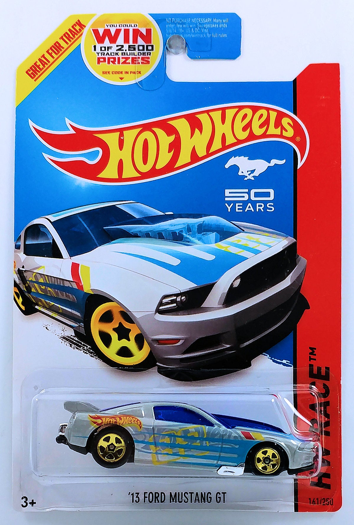 Hot Wheels 2014 - Collector # 161/250 - HW Race / Track Aces - '13 Ford Mustang GT - Silver - USA 'WIN' Card