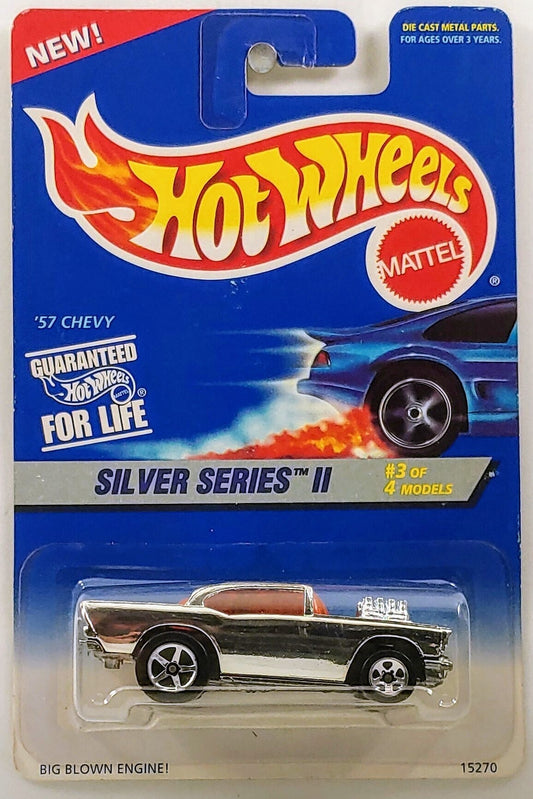 Hot Wheels 1996 - Collector # 422 - Silver Series II 3/4 - '57 Chevy - Chrome - 5 Spokes - USA Blue & White Card - MPN 15270