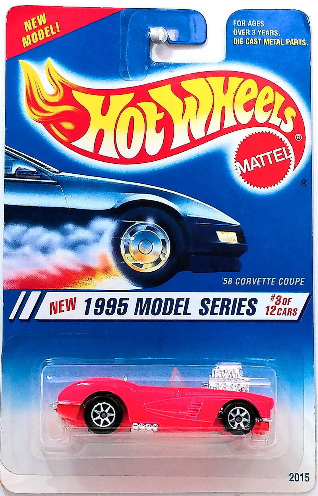 Hot Wheels 1995 - Collector # 341 - Model Series 3/12 - '58 Corvette Coupe - Flourescent Pink - 7 Spokes - Chrome Motor, Interior, Bumpers & Grille - USA