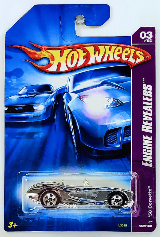 Hot Wheels 2007 - Collector # 059/180 - Engine Revealers 3/4 - '58 Corvette - Metallic Gray - Opening Hood - USA Card