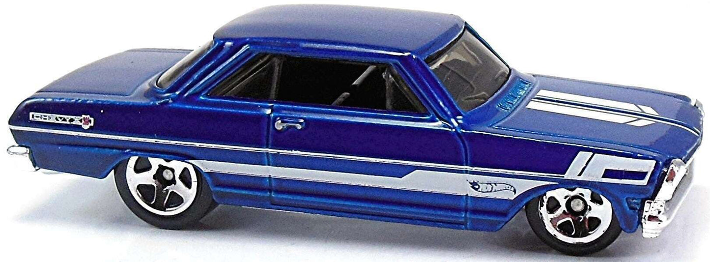 Hot Wheels 2016 - Collector # 128/250 - Muscle Mania 8/10 - '63 Chevy II - Blue / White Stripes - 5 Spokes - USA Card