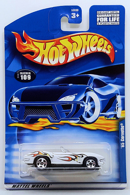 Hot Wheels 2001 - Collector # 109/240 - '65 Corvette - White / Flames - USA Card